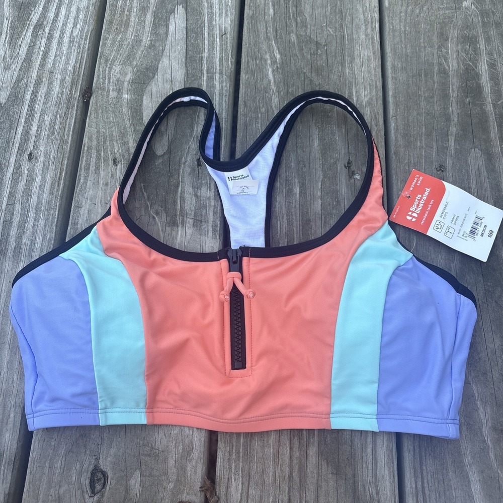 NWT Sports Illustrated Women's Athletic Bikini Top Zipper Removable Pads Size M